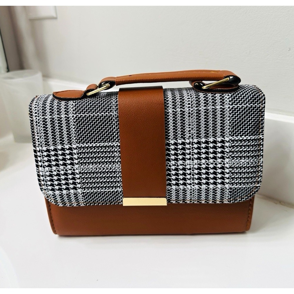Plaid Small Top Handle Satchel Magnetic Closure Detachable Strap Gold Hardware